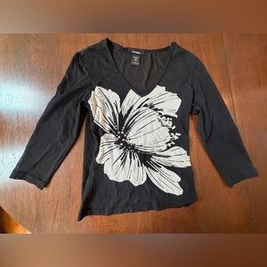 Express Vintage Sheer Black White Floral Rhinestone Mesh See Through Shirt Top